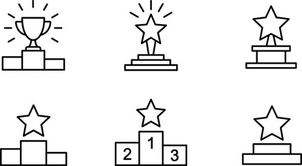 Fototapeta premium Black and white award trophy icons collection featuring podiums, star symbols, achievement recognition graphics, and competition success illustrations