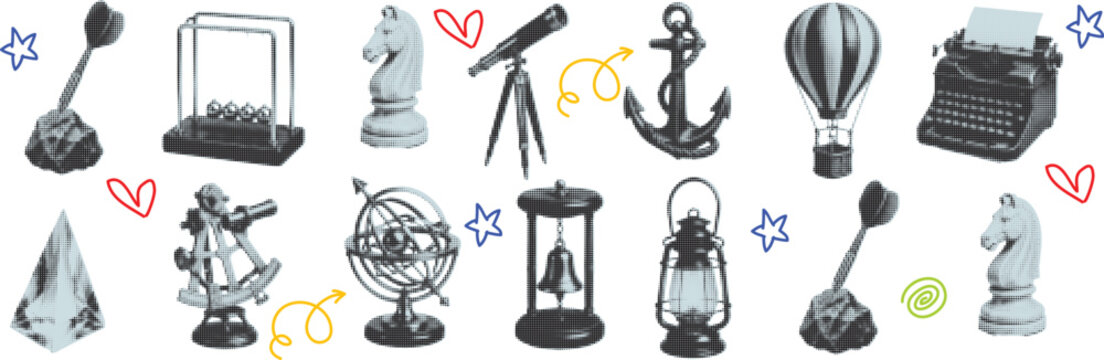 Halftone pop art collage cut out set with telescope, anchor, knight and exploration symbol vector illustration