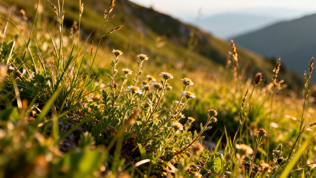 Wildflowers growing on a grassy hillside with mountains in the background