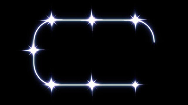 Glowing white silver light border with twinkling stars and magic trail animation on black background for frame background text placeholder overlay motion graphics 4k loop video asset.