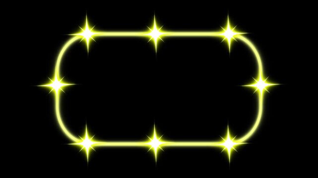 Glowing yellow gold light border with twinkling stars and magic trail animation on black background for frame background text placeholder overlay motion graphics 4k loop video asset.