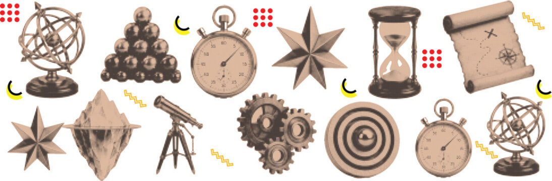Halftone pop art collage cut out set with telescope, target, hourglass and exploration symbol vector illustration