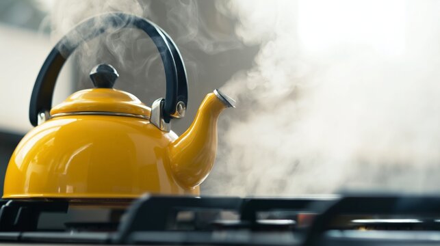 Yellow kettle whistling on a gas stove, boiling water and producing steam, preparing hot drinks and enjoying a cozy morning tea time in a home kitchen