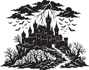 A spooky black silhouette of a castle on a hill with bats and lightning isolated on white background © KULSUMA