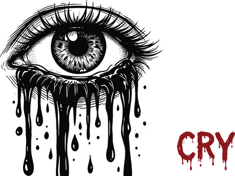 Gothic crying eye sketch vector design with dark heavy tears dripping and blood red cry text isolated on a clean white background.