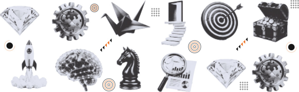 Halftone pop art collage cut out set with diamond, target, staircase and innovation symbol vector illustration