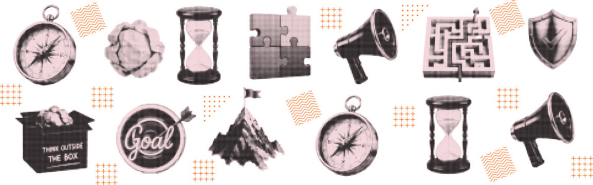 Halftone pop art collage cut out set with compass, maze, megaphone and business strategy symbol vector illustration