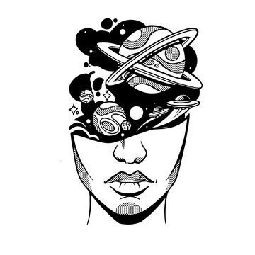 Cosmic mind illustration featuring planets and space elements