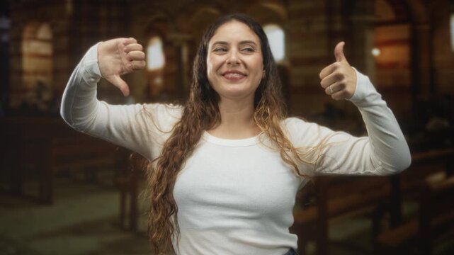 Woman showing thumbs up and thumbs down gestures in church building, brunette in white long sleeve shirt, visible hands and smile, standing amid pews; ambivalence.