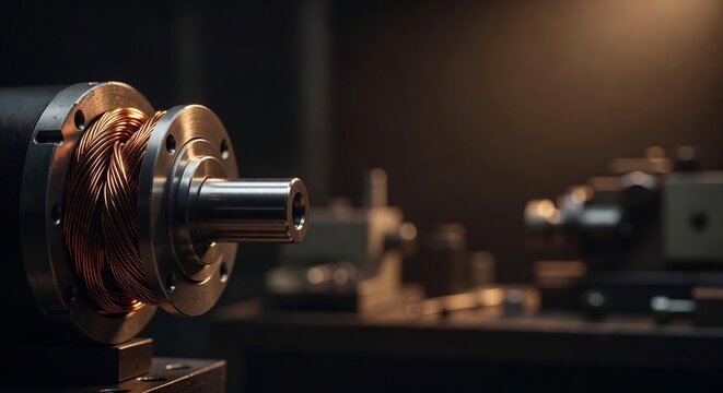 Precision servo motor with exposed winding coil in sharp, engineering workshop