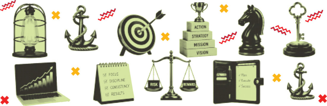 Halftone pop art collage cut out set with target, trophy, anchor and strategy success symbol vector illustration