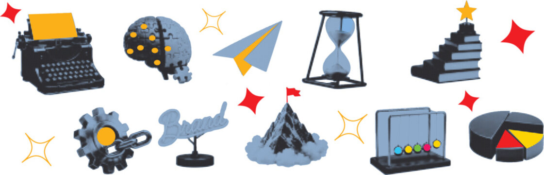 Halftone pop art collage cut out set with typewriter, staircase, mountain and startup growth symbol vector illustration