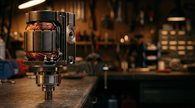 Precision servo motor with exposed winding coil in sharp, engineering workshop
