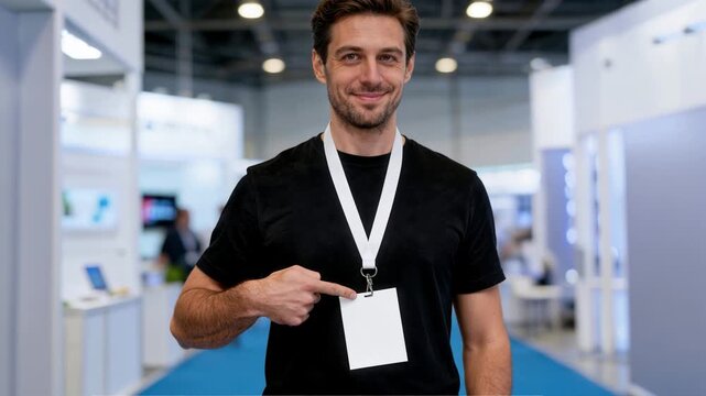 Man pointing at blank conference badge at business event