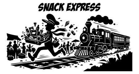 Naklejka premium Chef running with food basket alongside steam train in busy market during sunset Vector Silhouette Isolated on white background