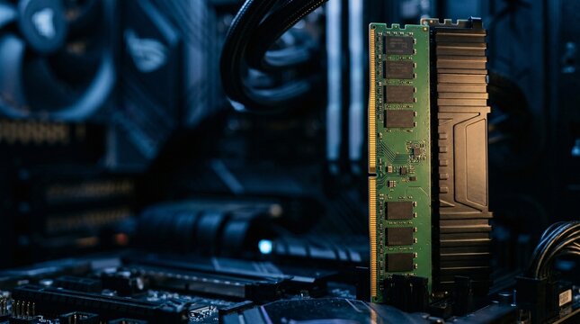 RAM memory stick standing upright, gold contact fingers and PCB component surface, system build environment