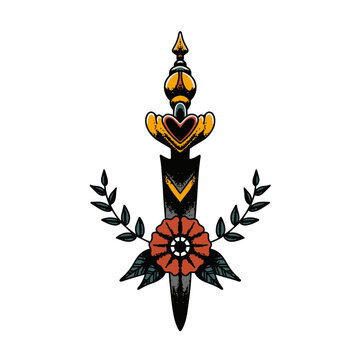 Stylish dagger and flower tattoo design