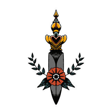 Elegant dagger and flower tattoo design