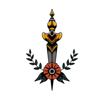 Vintage-inspired dagger and flower illustration