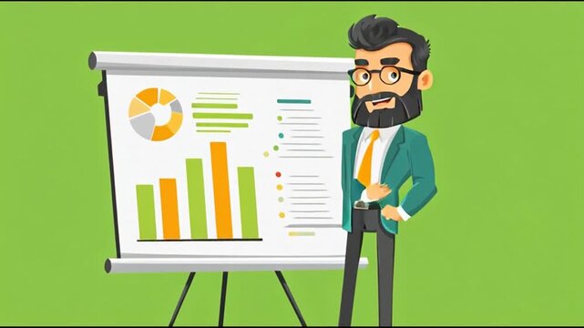 Animated businessman presenting financial data charts on flipchart
