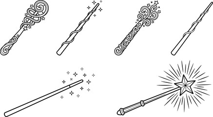 Fantasy magic wand illustrations collection featuring decorative star tips, swirling patterns, sparkling beams, creative designs, and mystical artwork © creativeDesigner2023