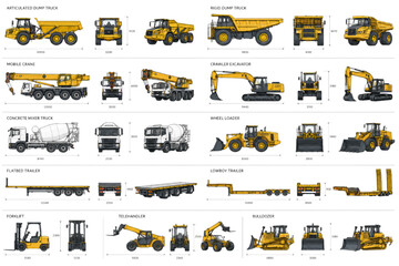 Explore a detailed CAD vector collection of heavy construction and industrial machinery, featuring earthmoving equipment and transport vehicles with technical drawing references © kasun
