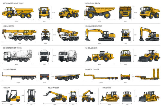Explore a detailed CAD vector collection of heavy construction and industrial machinery, featuring earthmoving equipment and transport vehicles with technical drawing references