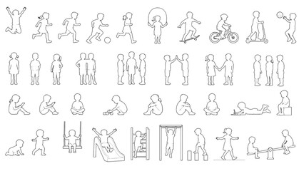 Collection of CAD line drawings depicting children engaging in various activities and playing with playground equipment © kasun