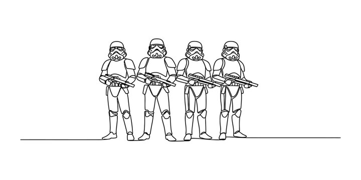 Continuous single line drawing of four armored soldiers standing in a row holding rifles as a group of futuristic military troops in formation Vector, illustration