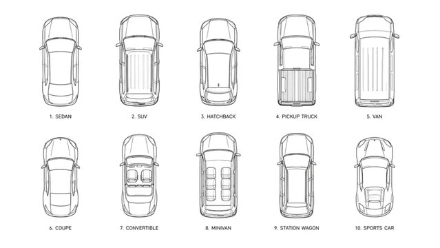 Collection of Vehicle Silhouettes from a Top-Down View, CAD Drawing Style