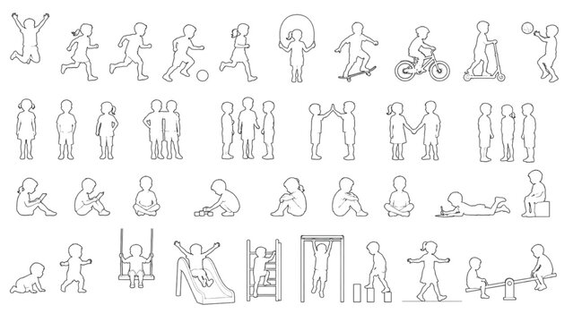Collection of CAD line drawings depicting children engaging in various activities and playing with playground equipment