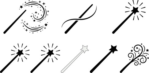 Stylized magic wand illustrations collection featuring star tips, sparkling beams, swirling decorative elements, fantasy motifs, and creative mystical artwork © creativeDesigner2023
