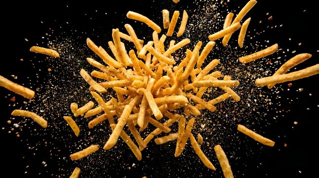 A pile of french fries with seasoning flying through the air on black background