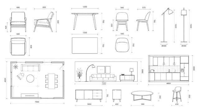 CAD drawings of furniture and room layouts including chairs, tables, sofas, cabinets, and lamps for interior design and architecture projects