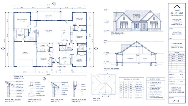 Comprehensive CAD blueprint detailing a modern residential house design, showcasing intricate floor plans, elevations, and essential construction specifics