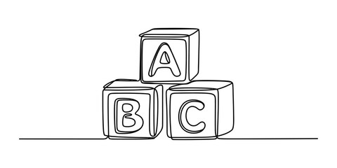 Continuous single line drawing of three wooden alphabet blocks with letters a b and c stacked together as a simple creative educational toy design Vector, illustration © Continues One Line D