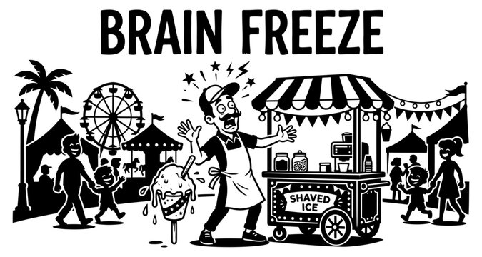 Man with brain freeze at carnival with shaved ice cart during summer night Isolated on white background
