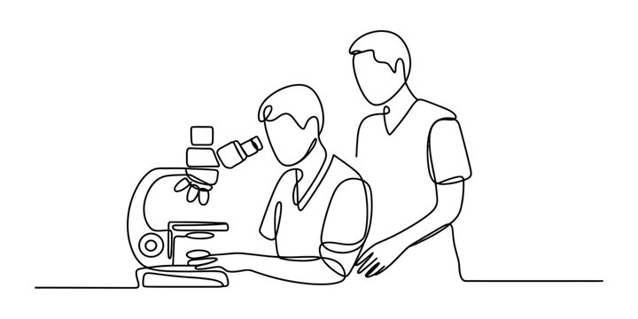 Continuous line drawing of two doctors or scientists looking into a medical microscope together in a professional laboratory or clinical research center Vector, illustration