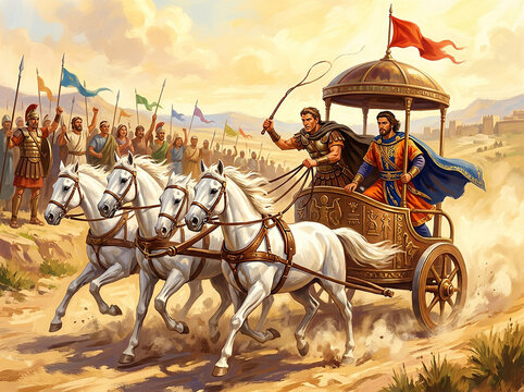 Ancient Roman general riding chariot pulled by four white horses through desert landscape with soldiers