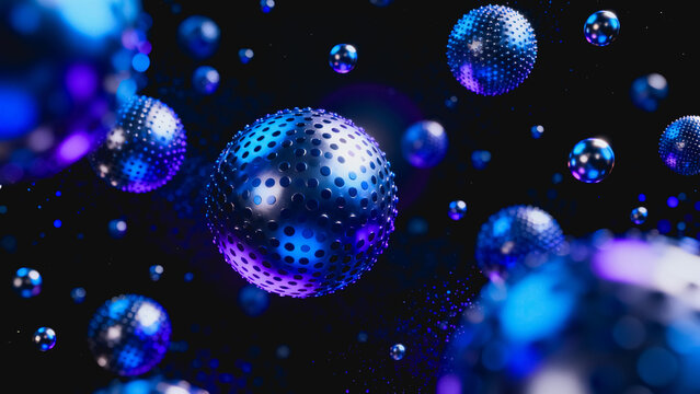 This 3D rendered abstract background features glossy perforated metallic spheres floating in dark space, accented with blue and purple bokeh light effects.