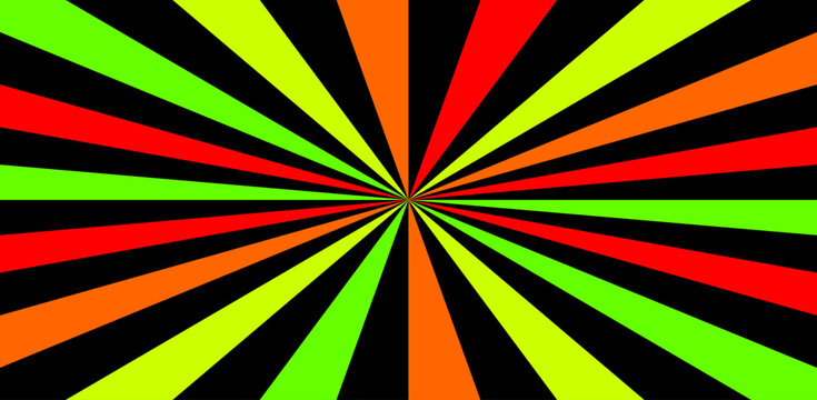 Multicolored sunburst with black orange green and red rays, vibrant radial pattern, colorful geometric background