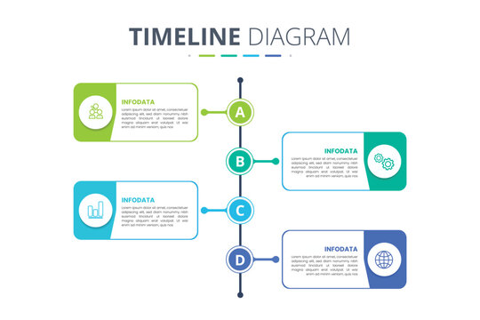 Business Timeline Diagram Infographic with 4 Steps, Vertical Roadmap Template, Vector Process Flowchart Layout Design