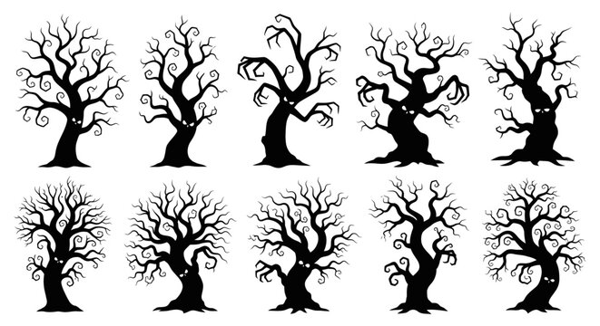 Collection of bare tree silhouettes in various shapes and sizes on white background