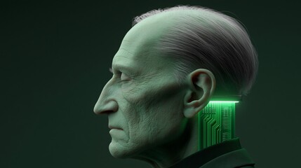 Obraz premium Elderly male figure with cybernetic enhancements, featuring a visible circuit board integrated into the head, set against a dark green background