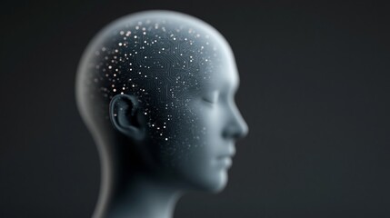 Obraz premium Abstract representation of a humanoid head with a digital circuit pattern and glowing particles, set against a dark background emphasizing technology and artificial intelligence concepts