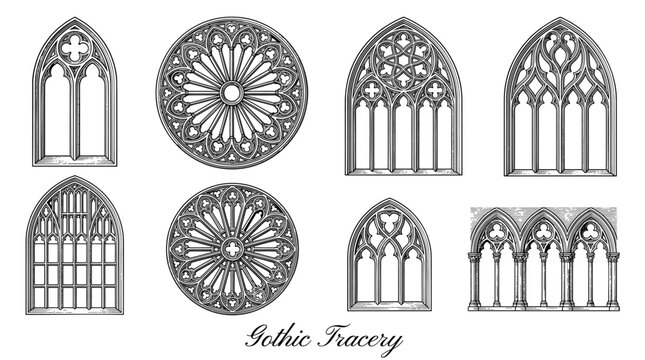 Gothic Tracery Architectural Set, Medieval Window and Rose Window Vector Elements