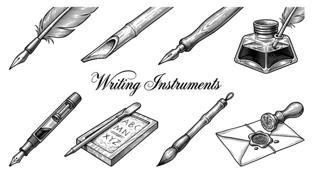 Vintage Writing Instruments Collection - Hand Drawn Engraving Style Set including Quill, Fountain Pen, Inkwell, Wax Tablet, Calligraphy Brush, and Seal Stamp Vector Illustration