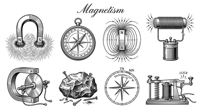 Vintage Physics Magnetism Set Vector Illustrations of Horseshoe Magnet, Compass, Electromagnet, and Scientific Experiments in Engraving Style