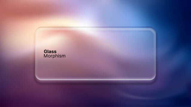 Liquid glass morphism vector card with blurry colorful background. Transparent frosted frame for interface design. Modern UI element for web application and digital creative project template.