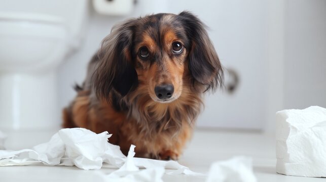 Long-haired dachshund dog expressing remorse with puppy eyes after making a messy bathroom toilet paper destruction, feeling guilty for mischief